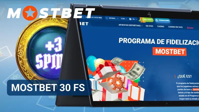 Pantalla promocional de MostBet Argentina con 30 free spins destacados para casino online.