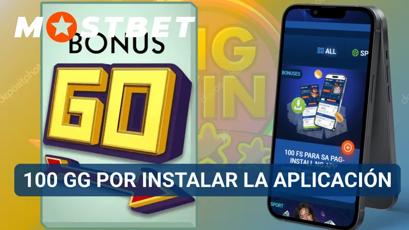 Promoción de MostBet con recompensa de 100 GG por instalar la aplicación móvil.