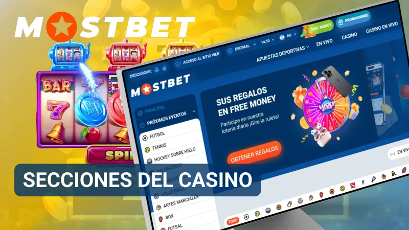 Categorías del casino Mostbet con acceso a tragamonedas, ruleta y juegos rápidos.