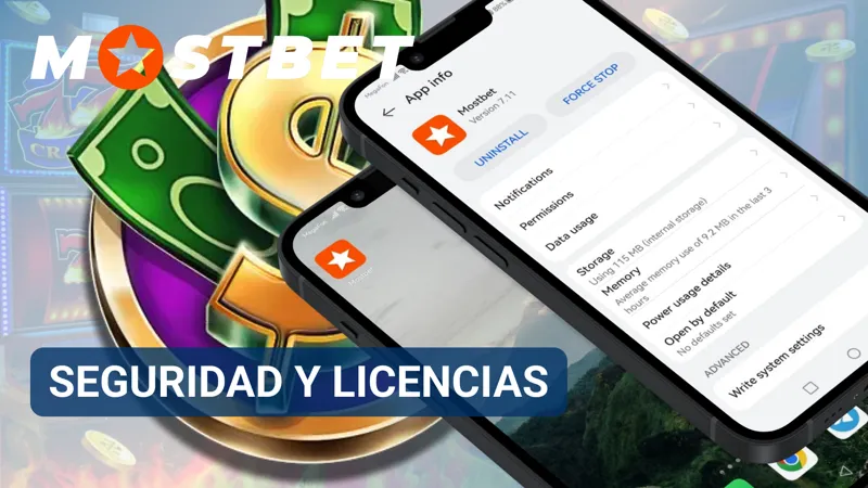 Sistema de seguridad de Mostbet con protección de datos y licencias oficiales visibles.