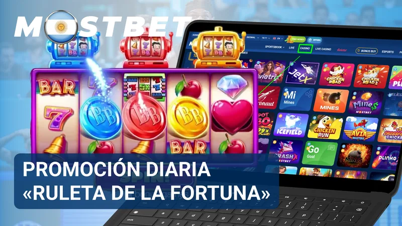 Rueda promocional de Mostbet con premios diarios y casillas de recompensas aleatorias.