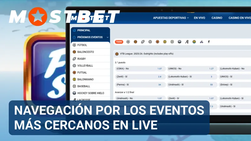 Interfaz live de MostBet con acceso rápido a eventos deportivos en tiempo real.